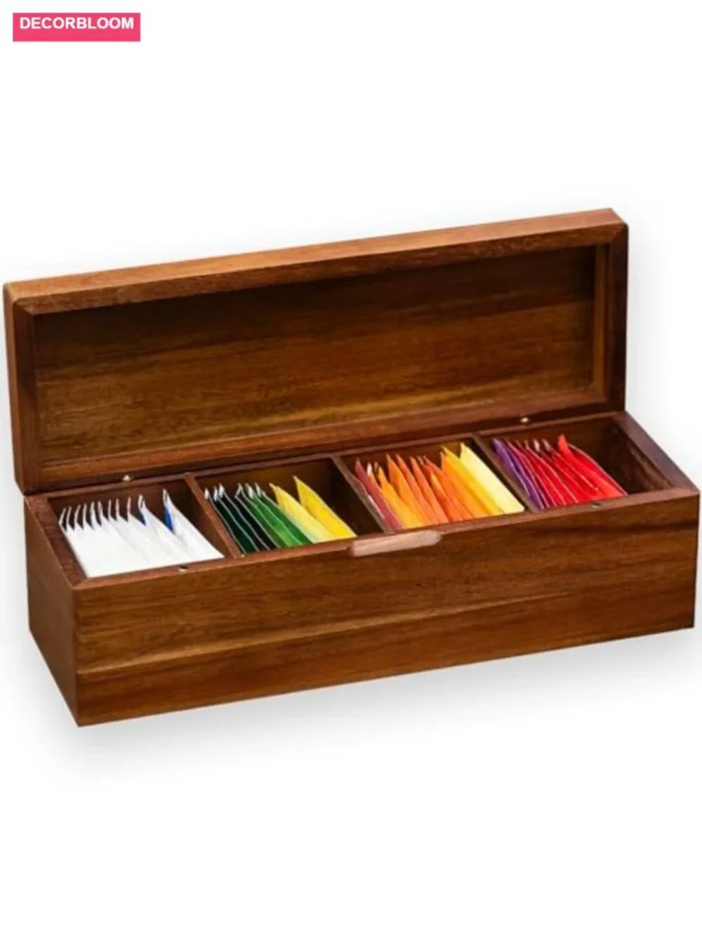 Acacia Wood Tea Bag Organizer - 4 Compartment Tea Storage Chest